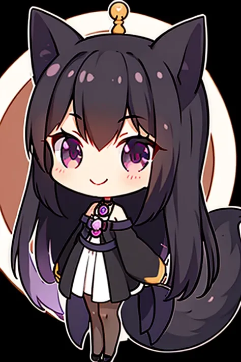 A black haired woman with violet eyes with an hourglass figure and black fox ears and a black fox tail is smiling with a rosse in the gardent