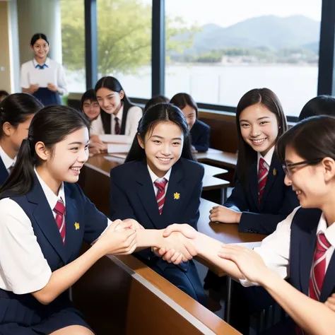 授業時、前後の友達と握手をする女子高生