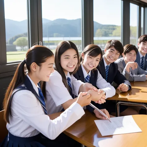 大人数で楽しく握手をしている高校生