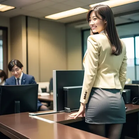 セクシーな美人女性が笑顔でカウンターテーブルに立ちすくんでいる