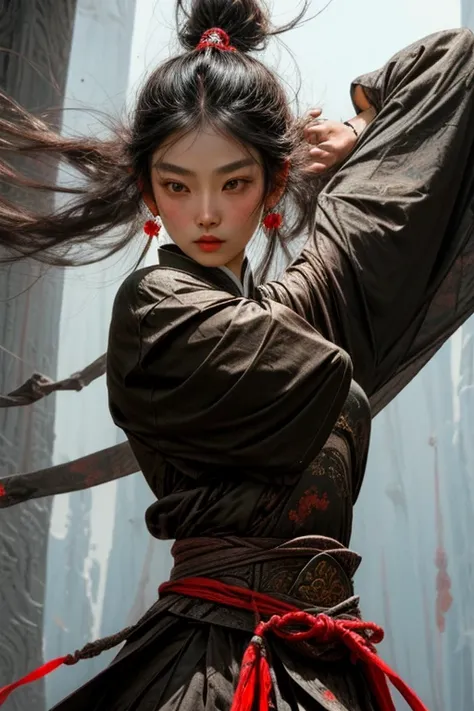 masterpiece, best quality, highly detailed, score_9, score_8_up, score_7_up, score_6_up, depth of field,
BREAK
Asian martial artist, xianxia, wuxia,
BREAK 
one pretty girl, solo, supermodel, dark black hair, cute girl, long wavy hair, parted lips, looking ...