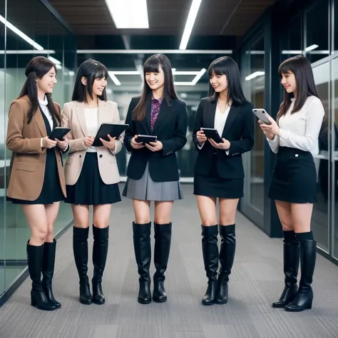 ニーハイブーツを履いた5人のスーツを着た女性