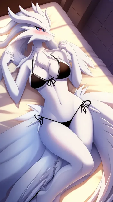 Reshiram,furry,Chest 87,Waist 57,Thigh 86,Good resolution,lying on the bed,Maid bikini set,Good light and shadow details,shade,sexy body,blushing