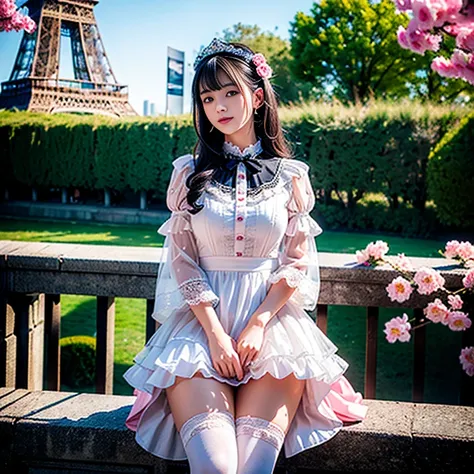 best quality, masterpiece, lifelike, 1 girl, solitary, eternity, Black Hair, Long curly hair, Bangs, laugh out loud, layered lace skirt,  Puff sleeves, Wide sleeves, Transparent sleeves,  flower, Detailed background,  Delicate face，pink blush，White，Knee so...