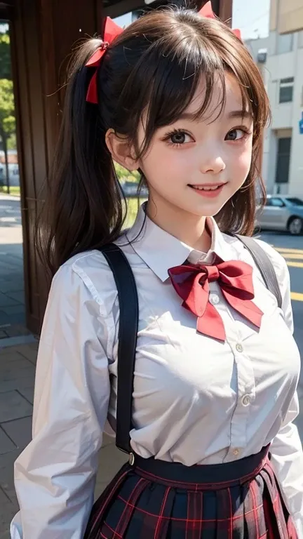 little young girl.................,, in front of the school、Connect to skirt with suspenders、White shirt with long sleeves、Plaid skirt , nice and cute, Innocent smile, , Lovely smile 、 with short bob、Pose cutely , 8 year old , big breasts , red knot , red ...