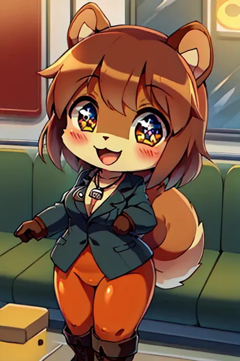 boy, squirrel and rabbit and cat, furry, bodyfur, blazer, bottomless, color tights, gloves, boots, chibi, happy, sparkling eyes, train, whistle