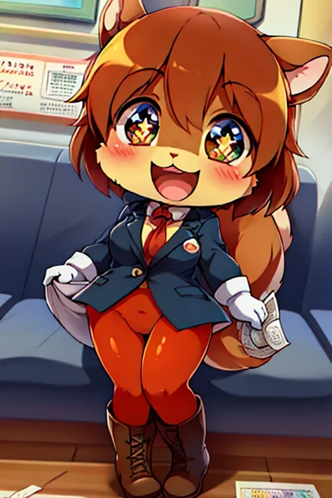 boy, squirrel and rabbit and cat, furry, bodyfur, blazer, bottomless, color tights, gloves, boots, chibi, happy, sparkling eyes, train, ticket