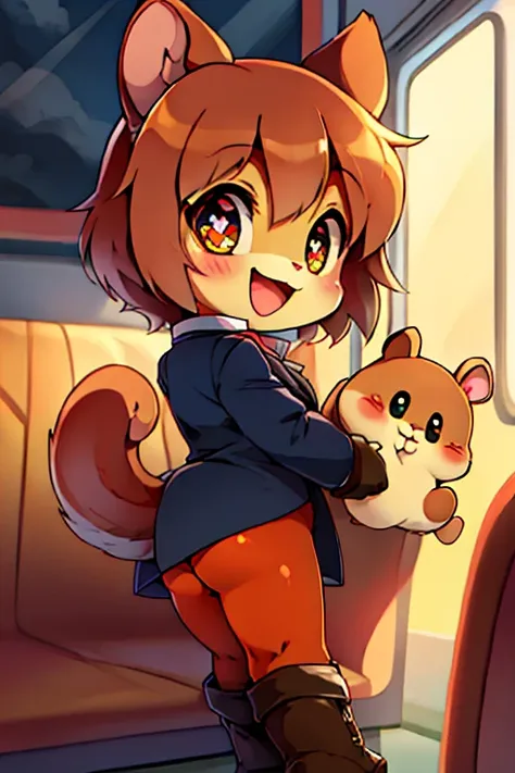 boy, squirrel and rabbit and cat, furry, bodyfur, blazer, bottomless, color tights, gloves, boots, chibi, happy, sparkling eyes, train, looking back