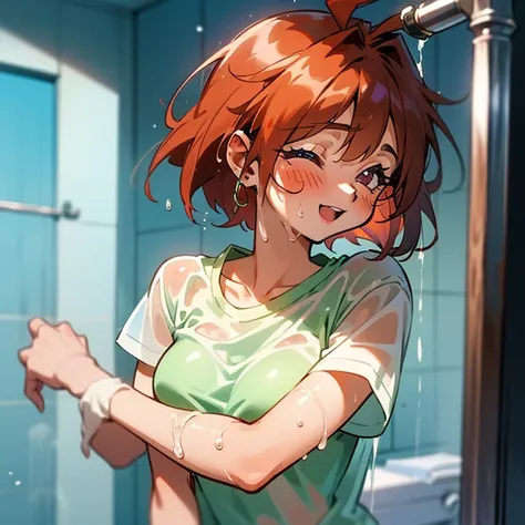 cheerful girl、sporty、tits、swimwear、shower room、see-through t-shirt、wet、clothes that stick、oil、slimy、reddish hair color
、high sch...