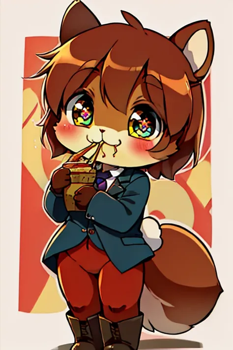 boy, squirrel and rabbit and cat, furry, bodyfur, blazer, bottomless, color tights, gloves, boots, chibi, happy, sparkling eyes, train, eating lunch