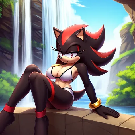 Mobian, female, (hedgehog similar to Shadow the Hedgehog but female), full body,feminine eyelashes, large breasts, pink fur with red stripes, hair bangs, perfect feminine figure, intricate details, (detailed background),behind waterfall,lakeside,anime styl...