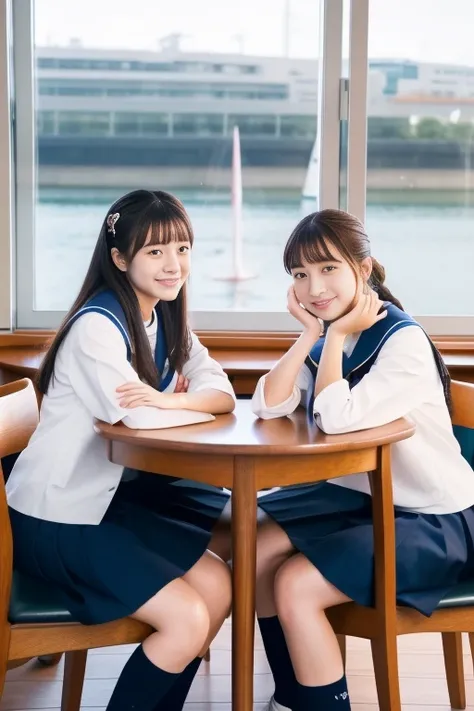 テーブルに座って話している2人の女子高生