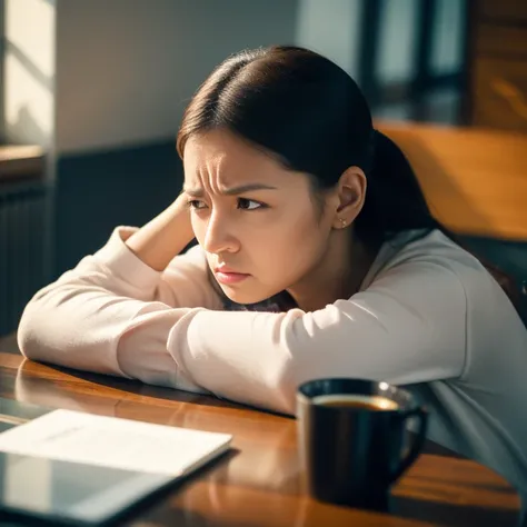 眉間にしわを寄せて、考え事をしている女性