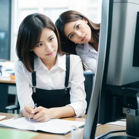 パソコンを見て仕事をしている女性と、その様子を覗いている女性