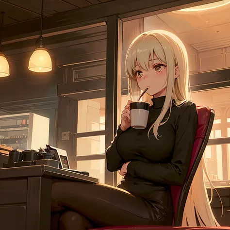 コーヒーを飲みながら考え事をしている金髪女性