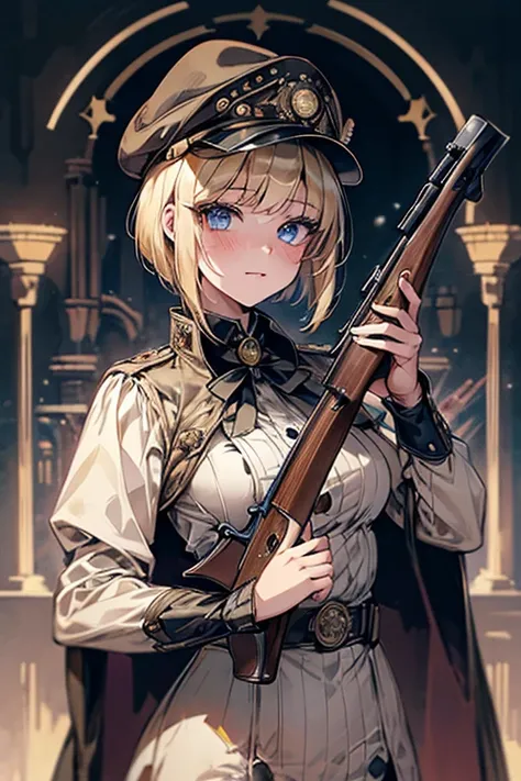 Ultra-detailed, master_piece, Top_quality, 1_beautiful_girl, 16years_old, (shooting_rifle:1.5), blonde_bob_cut_hair, bangs, Very_beautiful_face, very_beautiful_large_eyes, even_eyes, (Highly decorative and complex mechanical steampunk fashion、Garrison_Cap,...