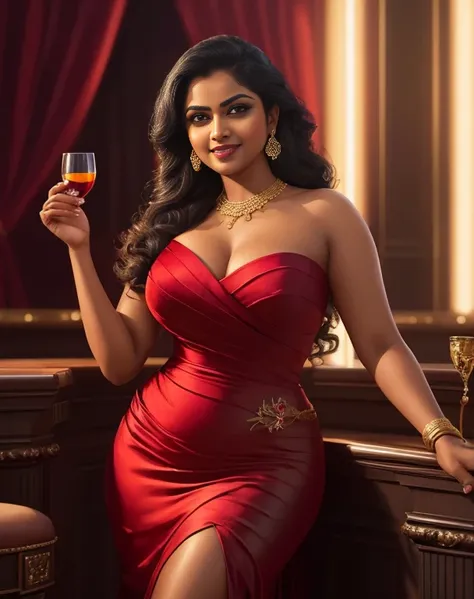 (masterpiece oil painting:1.3) of a (solo:1.3) ravishing curvy tall seductress Anupama Parmeshwaran as spy, at an elegant bar, wearing sexy designer red & black mermaid dress, luscious glossy lips, (ravishing glossy wavy backlit hair), (big intricate eyes:...