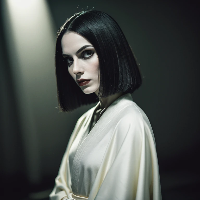 (alta qualidade: 1.3), Cinematic shot, obra de arte, (sharp focus: 1.5), (fotorrealista: 1.3), Medium portrait of (uma linda jovem vampira, Pale skin, Gothic, ainda orgulhoso e feroz, cabelo liso branco e lingo bob, gloomy appearance, dressed in a highly d...