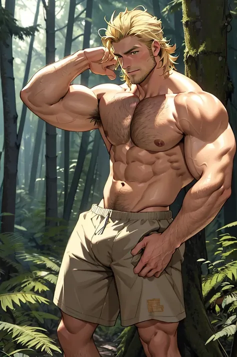 Draw and adult white man, beaded, blonde, muscular, shirtless, hairy chest, flexing in the woods, confident, no pants