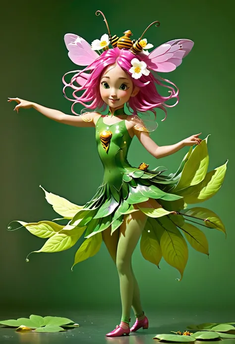 ((A girl with the body of a flower with long stems of and pink flowers on her head and leaves and wearing a green lèotard dancing with a Honey bee))