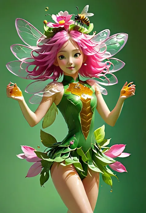 ((A girl with the body of a flower with long stems of and pink flowers on her head and leaves and wearing a green lèotard dancing with a Honey bee))