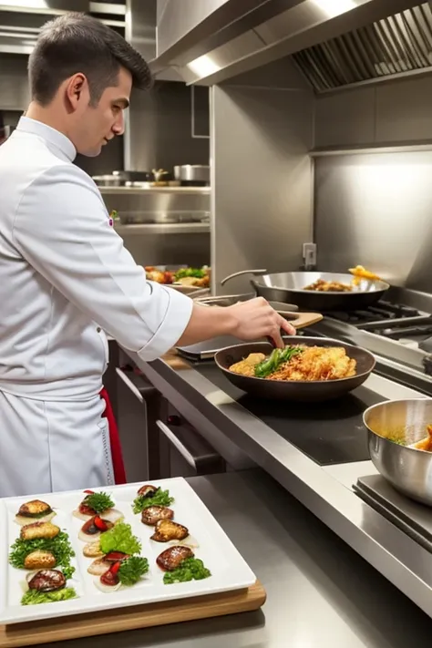 n the bustling kitchen of a swiss hospitality school, a chef de partie with a swiss complexion expertly guides culinary students...