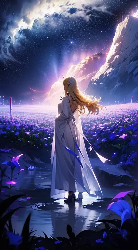 １people々々々々々,Blonde long-haired woman，White long coat， Dress Silhouette， Rear View，Space Sky, Flower Field，Colorful flowers，Fluttering petals，