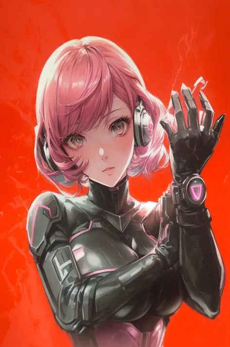 Anime girl with pink hair and black gloves holding her hand, (((Big Breasts))),Female protagonist, Female protagonist 👀 :8, Android Heroine, Girl wearing mecha cyber armor, Portrait of a female anime hero, by Shinoda Toko, persona 5 art style wlop, Nano Gi...