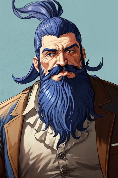 Giant with beard , cheveux bleu , barbe bleu , moustache bleu , Cigare dans la bouche 