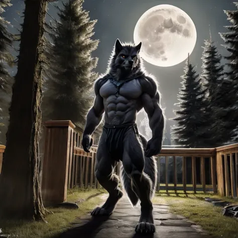 a wolf is standing in the background next to a full moon with buildings on the skyline, forest, 1boy, furry male, male focus, muscular, furry, solo, abs, night, full moon, werewolf, tail, attractive pose