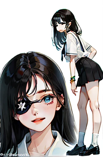 (​masterpiece:1.2, beste-Qualit:1.1), 1girl, , Japanese school, eyepatch, short skirt, black tie, smiling, long black hair, bracelets, shiny black shoes, white socks,
