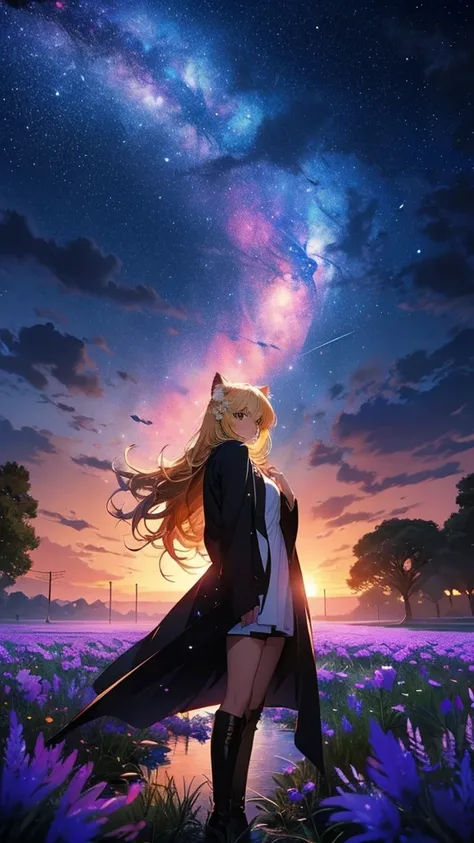 1 female,Cat ear，Blonde long hair，  silhouette， Knee-high boots，Long coat,High resolution,universe，Starry Sky，Flower Field，(Unbelievably absurd),Anime Visual,Highly detailed CG Unity 8k wallpaper, ((masterpiece)), ((highest quality)), (Beautiful illustrati...