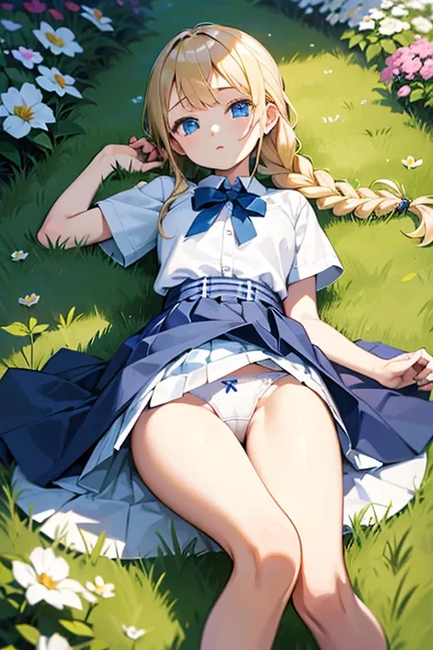 masterpiece, highest quality, High resolution, One 13-year-old girl、blue eyes、
Blonde,  Braid、White shirt, Checked skirt, White panties、garden、Lying on the grass