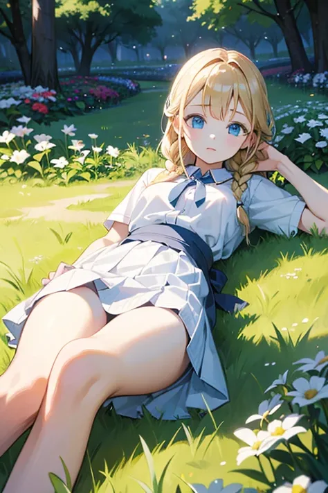 masterpiece, highest quality, High resolution, One 13-year-old girl、blue eyes、
Blonde,  Braid、White shirt, Checked skirt, White panties、garden、Lying on the grass