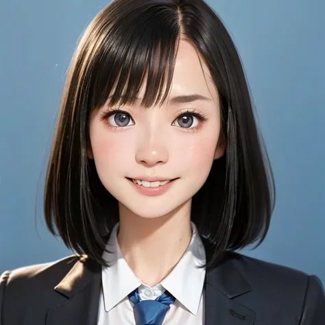 (kawaii 24 year-old Japanese girl, Nogizaka idol, Korean idol), (glossy hair, very short hair, bangs:1.3), (beautiful black eyes, rounded face, single eyelid, no makeup, laughing, even whitened teeth:1.2), (wearing suit jacket, collared shirt, necktie:1.3)...