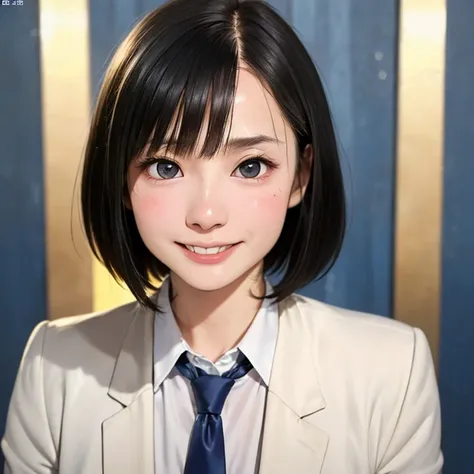 (kawaii 24 year-old Japanese girl, Nogizaka idol, Korean idol), (glossy hair, very short hair, bangs:1.3), (beautiful black eyes, rounded face, single eyelid, no makeup, laughing, even whitened teeth:1.2), (wearing suit jacket, collared shirt, necktie:1.3)...