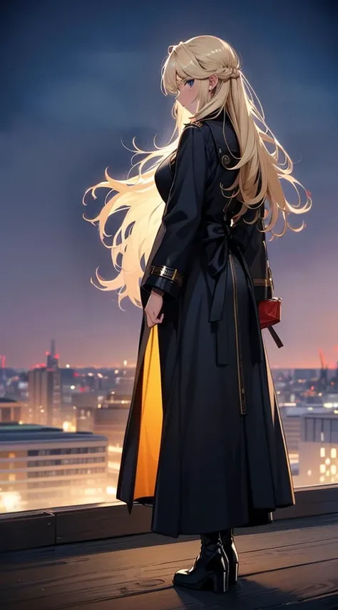 １people々々々々々々々々々,Blonde long-haired woman，Long coat， Dress Silhouette， Rear View，Space Sky, comet, Anime Style, City night view from the rooftop，Countless crosses of light in the city，