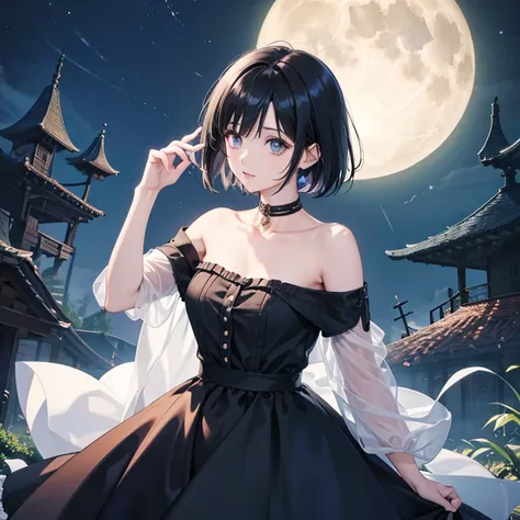 anime, beautiful girl、10 talents、Black Hair、A face that retains its youthfulness、short hair、Her hair is cut short, just short of her shoulders、Bright eyes、Sparkling eyes、whole body、Night Forest、Moonlight、Running desperately