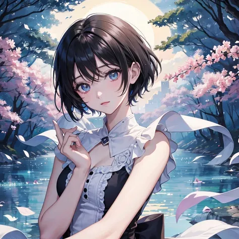 anime, beautiful girl、10 talents、Black Hair、A face that retains its youthfulness、short hair、Her hair is cut short, just short of her shoulders、Bright eyes、Sparkling eyes、whole body、Night Forest、Moonlight、Running desperately