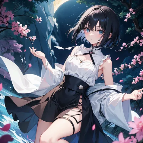 anime, beautiful girl、10 talents、Black Hair、A face that retains its youthfulness、short hair、Her hair is cut short, just short of her shoulders、Bright eyes、Sparkling eyes、whole body、Night Forest、Moonlight、Running desperately