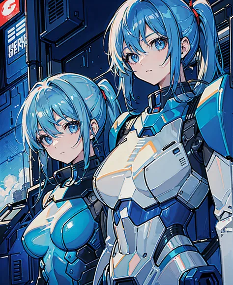 Blue Hair、Masterpiece、Best Quality、1 girl、Medium breast、((Album cover))、Light on Face、Slim Body、Blue Costume、Exoskeleton、metal Gear、Cyberpunk Style、ponytail、The Gundam pilot、attention arousal，Ride a fighter