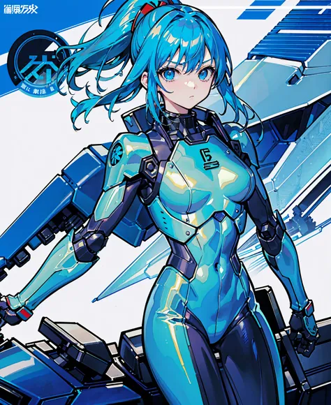 Blue Hair、Masterpiece、Best Quality、1 girl、Medium breast、((Album cover))、Light on Face、Slim Body、Blue Costume、Exoskeleton、metal Gear、Cyberpunk Style、ponytail、The Gundam pilot、attention arousal，Ride a fighter