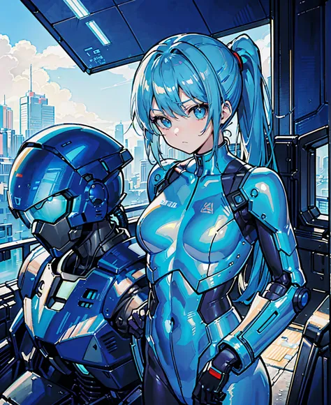 Blue Hair、Masterpiece、Best Quality、1 girl、Medium breast、((Album cover))、Light on Face、Slim Body、Blue Costume、Exoskeleton、metal Gear、Cyberpunk Style、ponytail、The Gundam pilot、attention arousal，Ride a fighter