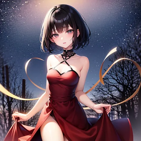 anime, beautiful girl、10 talents、Black Hair、A face that retains its youthfulness、short hair、Her hair is cut short, just short of her shoulders、Bright eyes、Sparkling eyes、whole body、Running desperately、Night Forest、Moonlight、