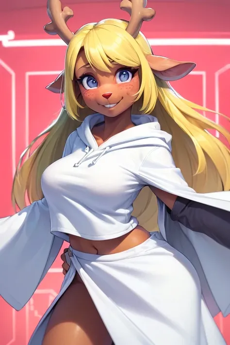 (noelle, furry female anthro, blonde hair, deer girl, red deer nose, white eyes, white pupils, white robe, hooded robe, big breasts, midriff), sad, outstretched arms, green neon city, smiling