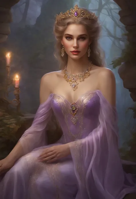 Realism, painting, Fantastic fairy tale, fantastic style, John Tolkien style, small painting by Jean-Baptiste Mo, Close-up. 
Diamonds + glass beads +beads+ filigree jewelry+ Lush large open female bust + lack of clothes + sensual princess Rapunzel + cleava...