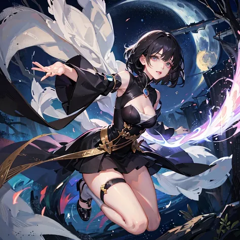 anime, beautiful girl、10 talents、Black Hair、A face that retains its youthfulness、short hair、Her hair is cut short, just short of her shoulders、Bright eyes、Sparkling eyes、whole body、Running desperately、Night Forest、Moonlight