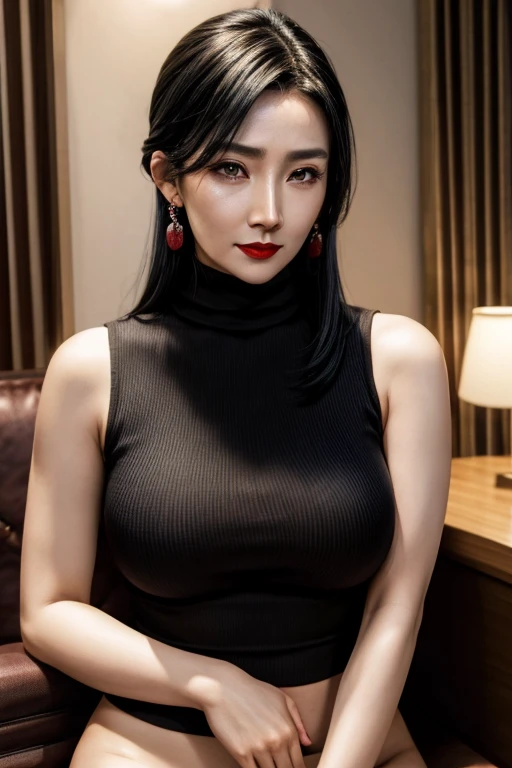 anime oppai style portrait of attractive woman, 30 years old, mafia boss, diamond earrings, sleeveless turtleneck, long black hair, red lips, cleavage, hourglass midriff, voluptuous, at night