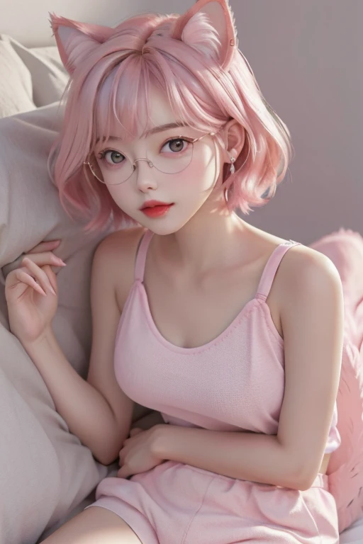 (best quality,realistic,hdr,best anatomy),cartoon_portrait,1girl,solo,looking at viewer,short hair,simple background,pink hair, pink eyes, full body shot, closed mouth, animal ears, wearing underwear, pink shoes, cat, tanktop, big breasts, glasses, lying i...