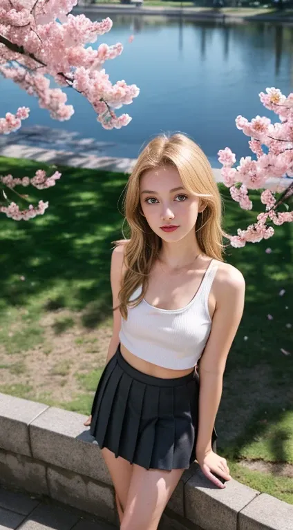 , 16 years old, European, blonde, small breasts, big eyes, long legs, close-up of faces, tank top with plunging neckline, sweatshirt, tiny pleated skirt, heeled sandals, extremely high angle shot, top view of girl, park background, trees, cherry blossom, m...